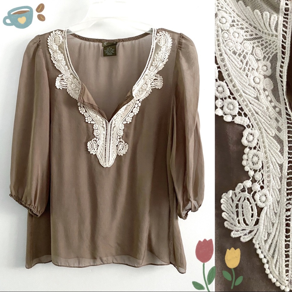 Anthro Fei 100% silk boho-chic sheer top, tan